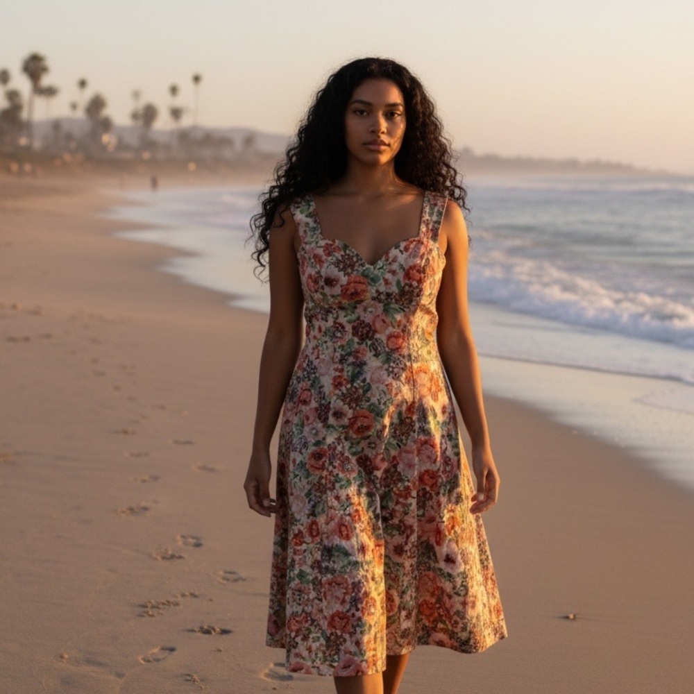 J. Peterman Floral Cotton Midi Dress in Pink, Green and Cream